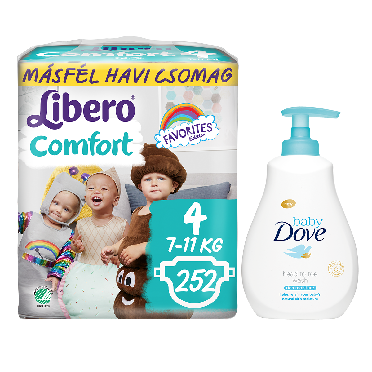 Libero Comfort másfél havi csomag pelenkák és Dove Baby fürdető 